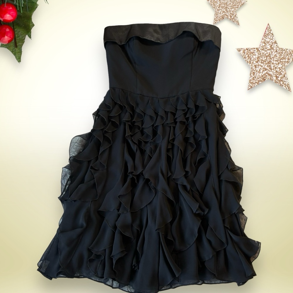 White House Black Market Black Cocktail Dress with Ruffles, Size 0